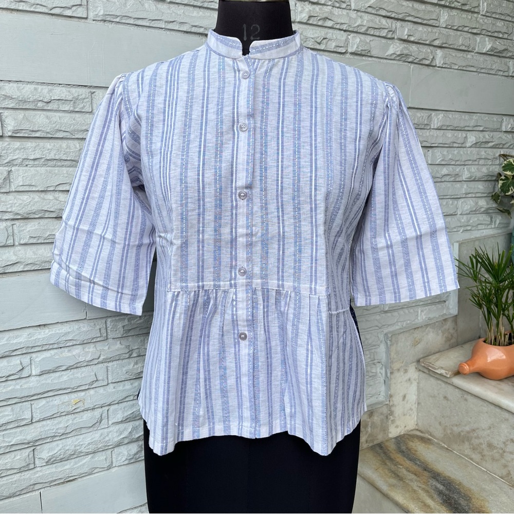 Blue White Striped Half Sleeves Shirt with lace panel at back - Picture 1 of 5